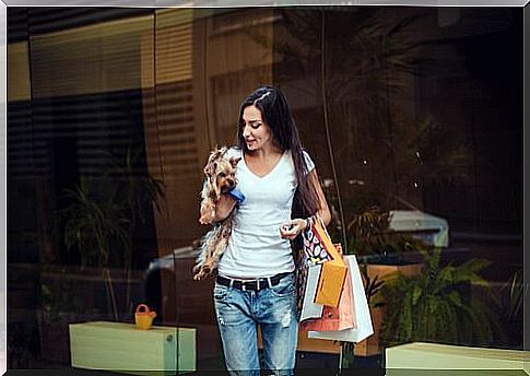 Mulher e cão em shopping center