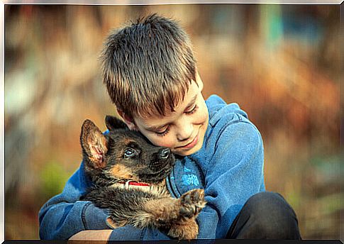 boy hugging dog